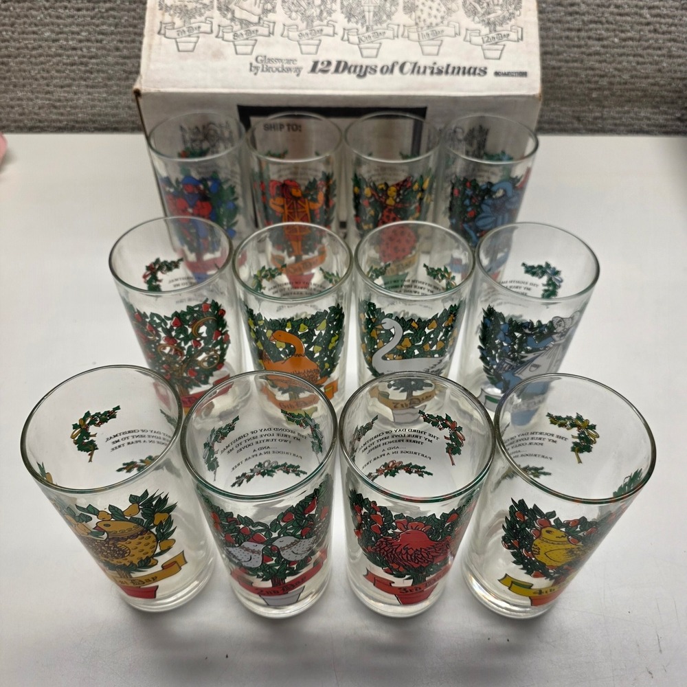Vintage Brockway Glass 12 Days of Christmas Tumbler Set of‎ 12 Holiday Glassware